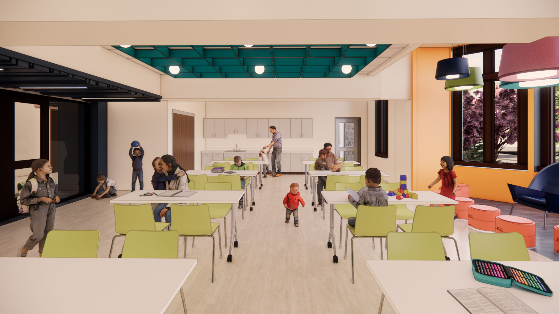 Computer generated image of the library's proposed youth activity room. It shows an open area with desks and computer generated people.