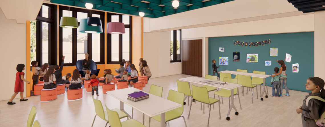 Computer generated image of a children's activity room with a group of children reading participating in story time in the background and desks and chairs in the foreground.