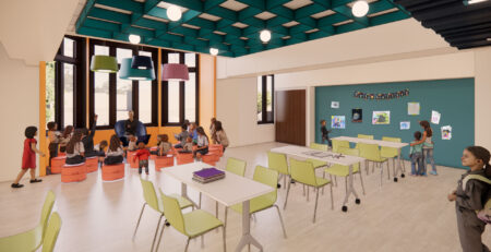 Computer generated image of a children's activity room with a group of children reading participating in story time in the background and desks and chairs in the foreground.