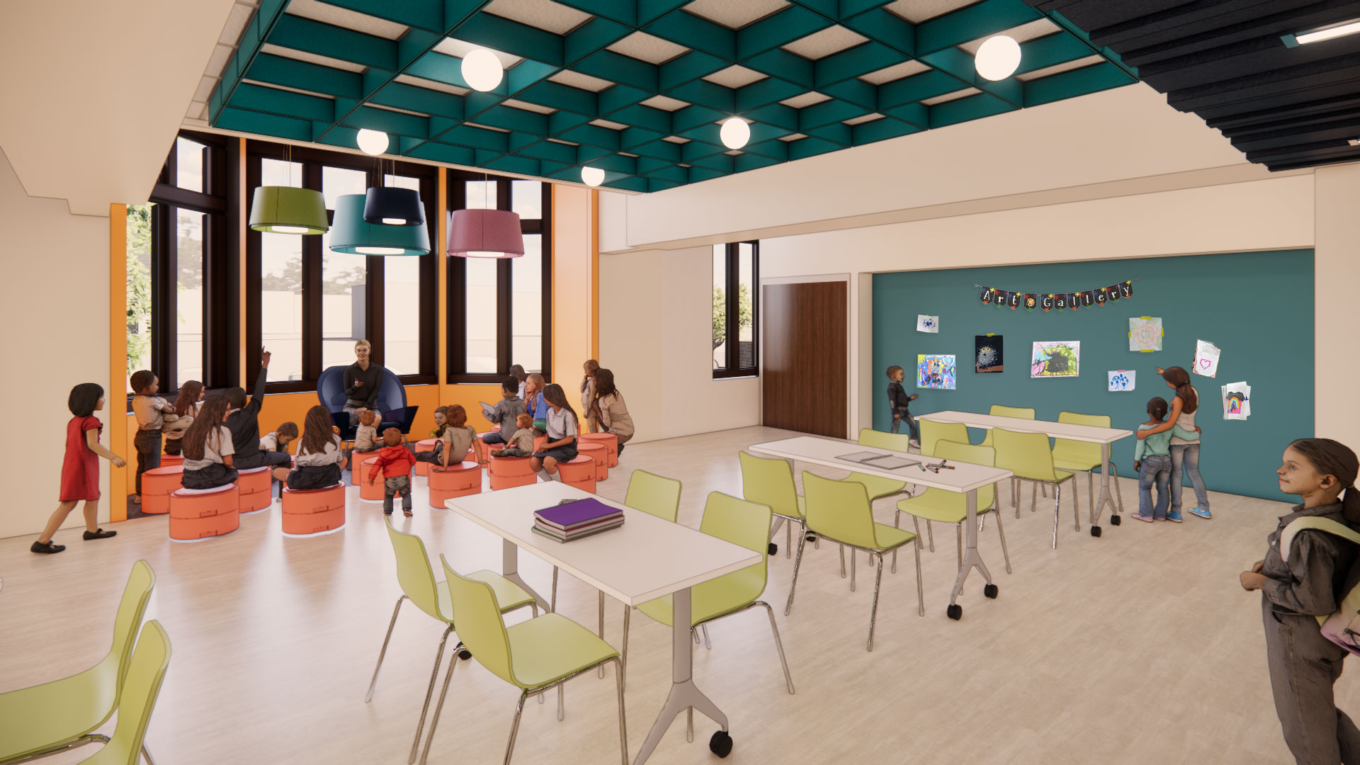 Computer generated image of a children's activity room with a group of children reading participating in story time in the background and desks and chairs in the foreground.