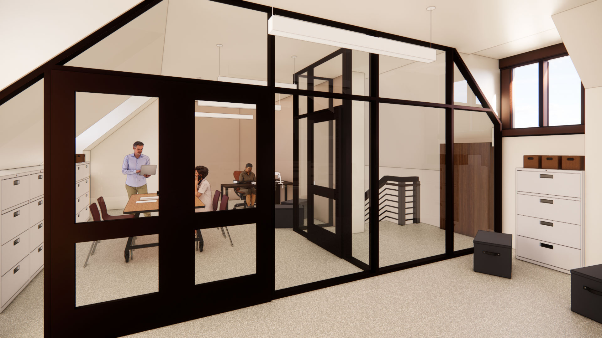 Computer generated image of an upstairs office with computer generated people at a meeting desk. The room is partitioned with a glass wall with doors.