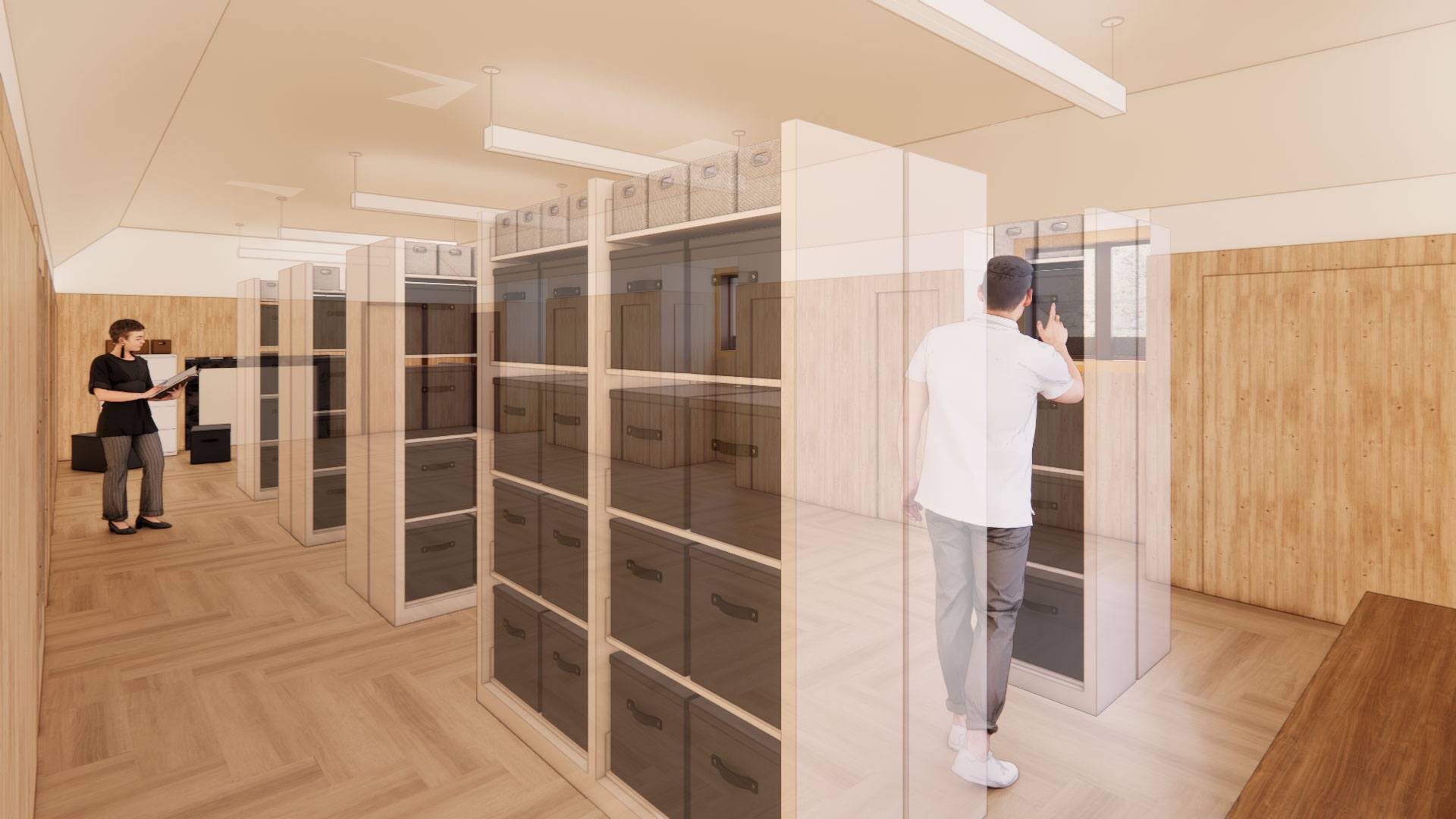 Computer generated image of the proposed archives to be installed. It shows a series of shelves in a bright room and various computer generated people looking through the shelves.