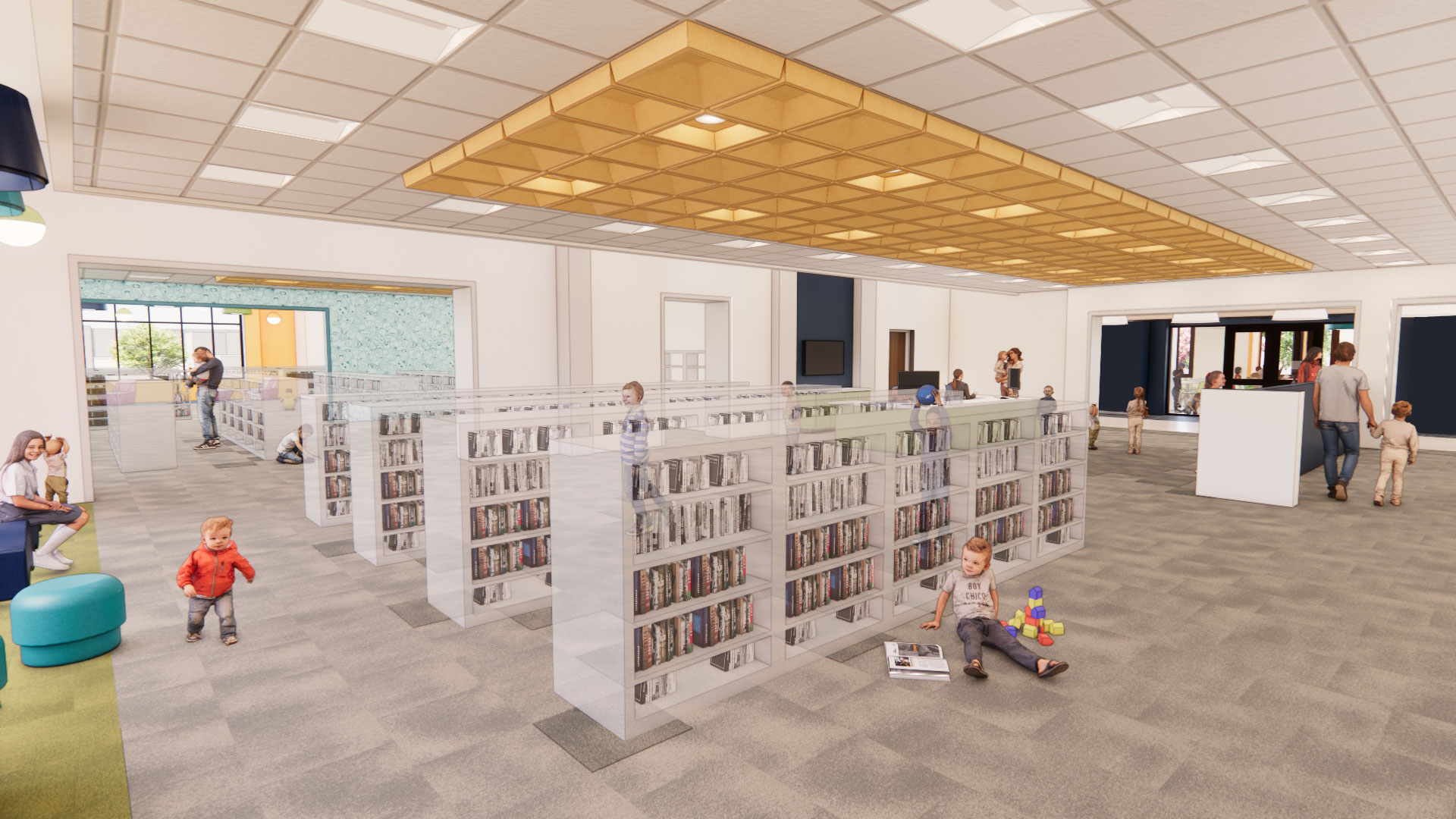 Computer generated image of the Youth Services area.showing various people interacting in the space.