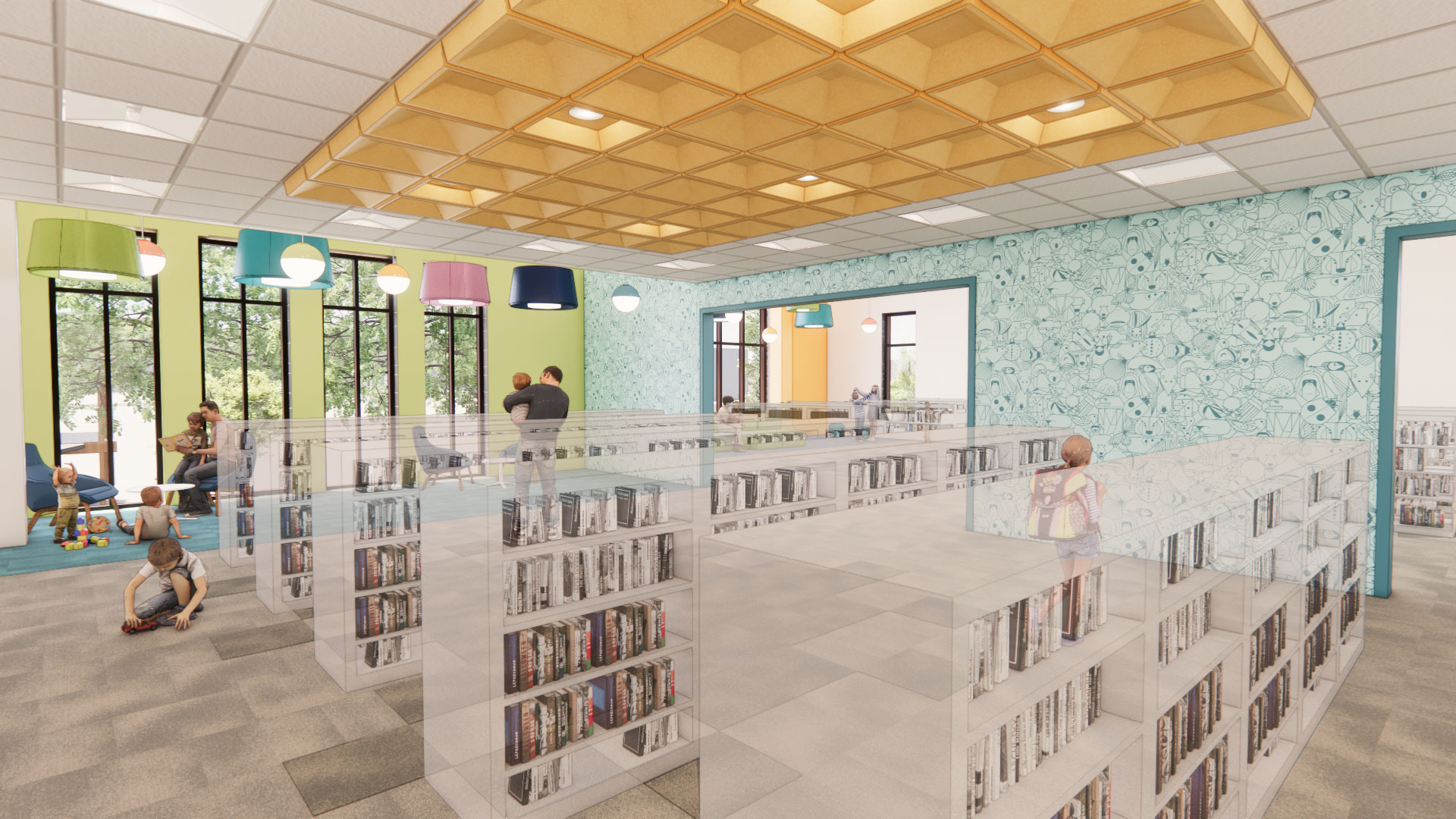 Computer generated image of a reading room, showing sets of shelves and a few people reading by a window.