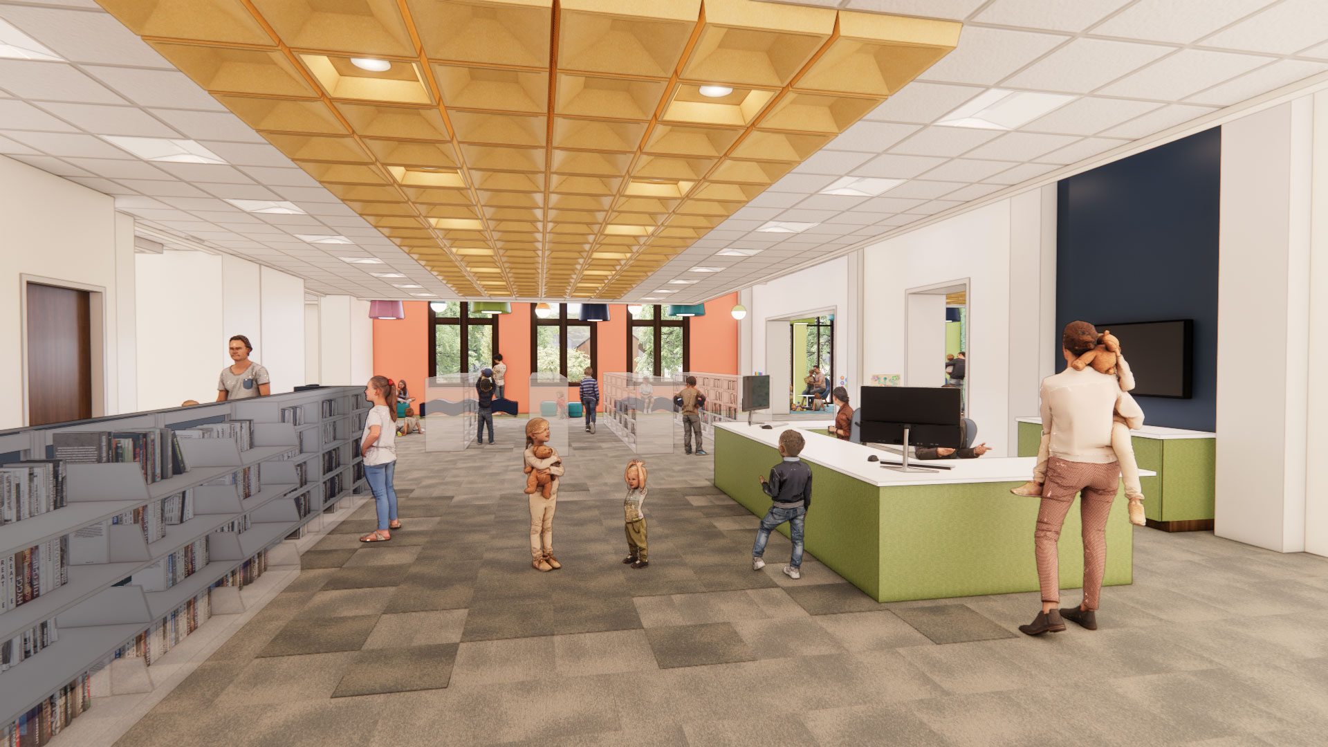 Computer generated image of the Youth Services area featuring the main service desk and various people.