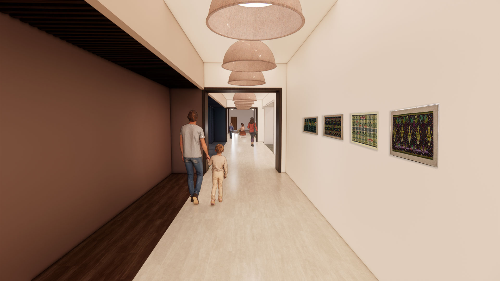 Computer generated image of the proposed new hallway of the library's espansion, featuring computer generated people.