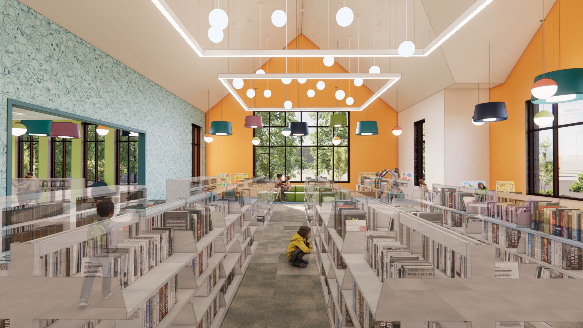 Computer generated image of a large room with a peaked ceiling and hanging light fixtures and multicolored walls. Short shelves of books fill the room. A computer generated image of a child is in the middle of the aisle, crouched down, reading a book.