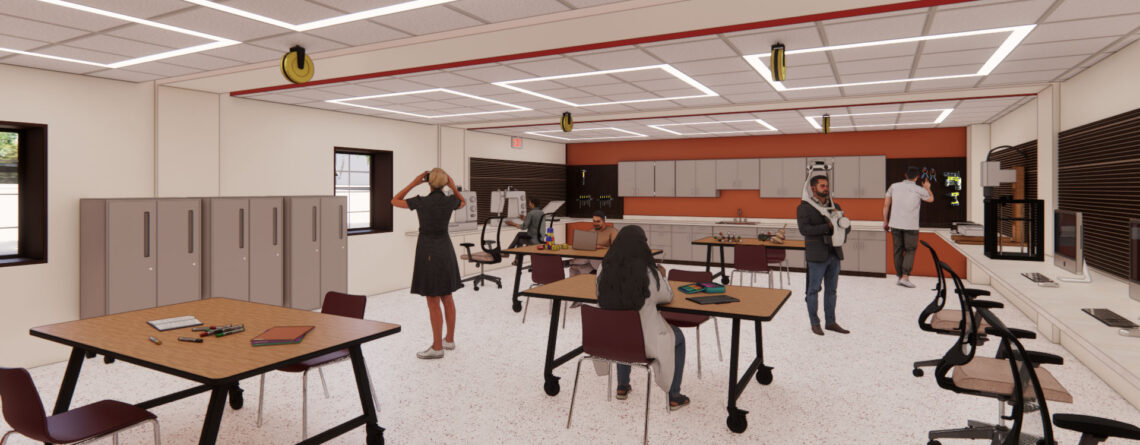 Computer generated image of a large workroom populated by computer generated people working or interacting with various devices and computers.
