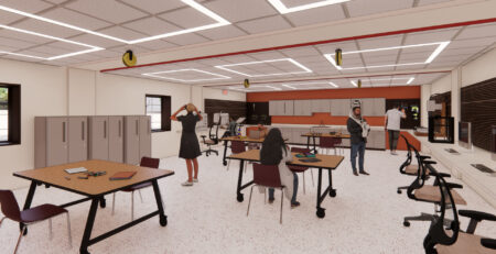 Computer generated image of a large workroom populated by computer generated people working or interacting with various devices and computers.