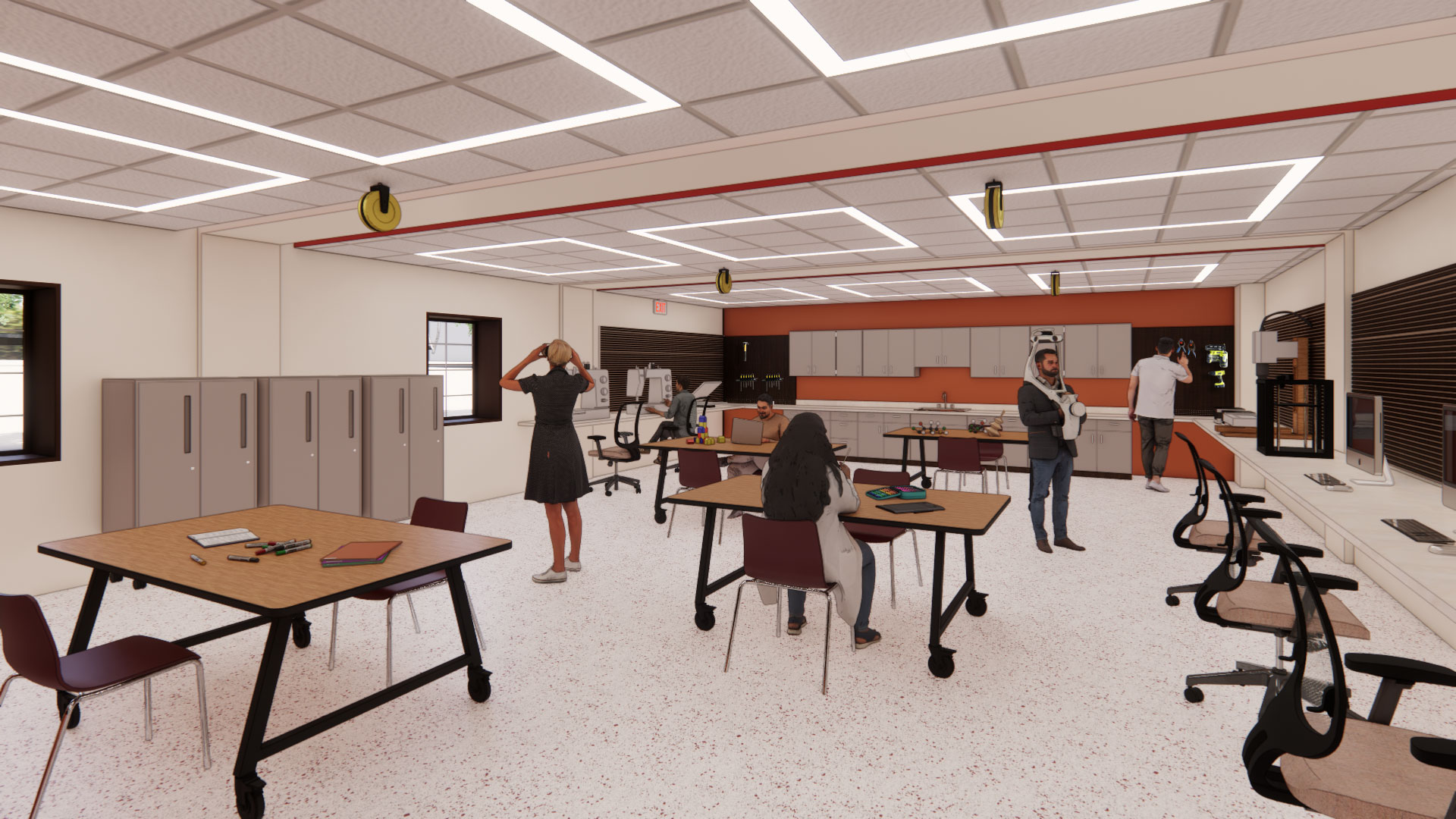 Computer generated image of a large workroom populated by computer generated people working or interacting with various devices and computers.