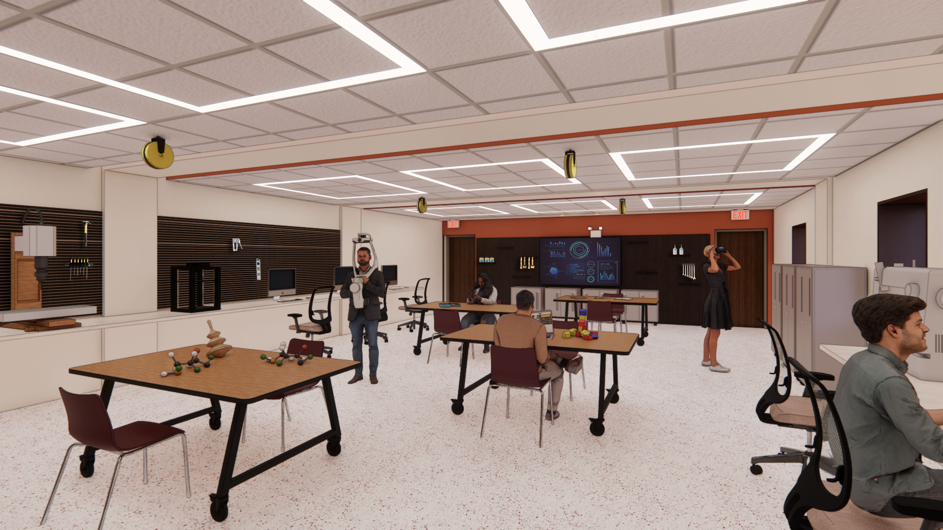 Computer generated image of a workroom feature people using computers and various devices.