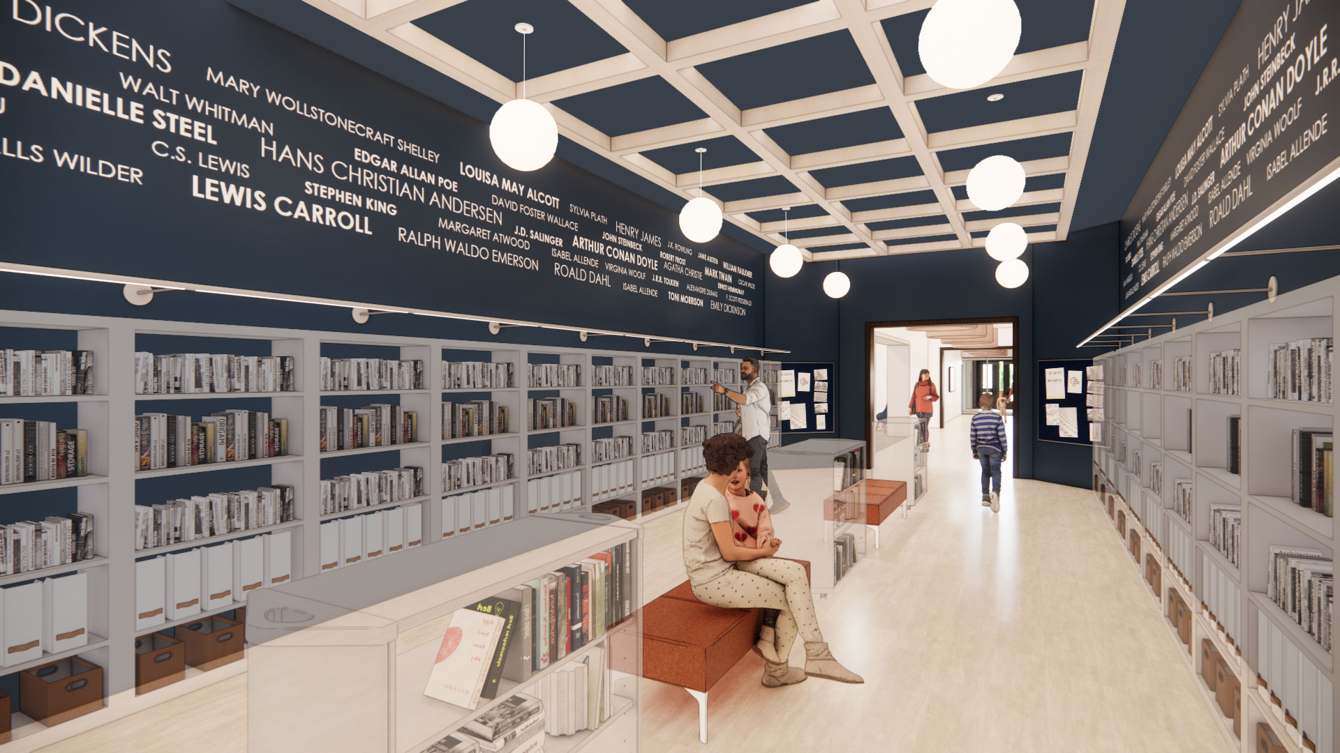 Computer generated image of a corridor lined with various shelves of books and media and a text collage of author names on the walls above. People sit in the center on benches.