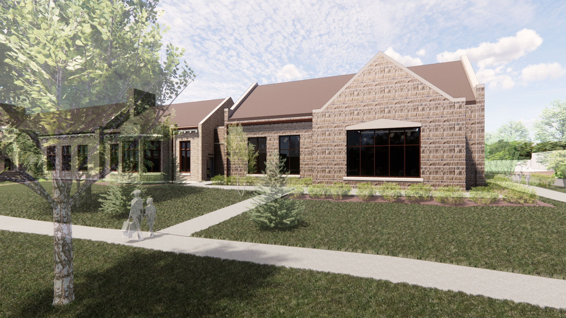 A computer-generated image of the proposed library expansion shows a limestone brick building addition with a peaked roof with lawn and sidewalk in front.