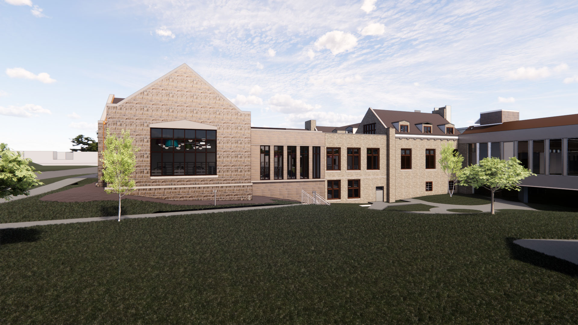 Computer generated image of the south side of the library expansion.