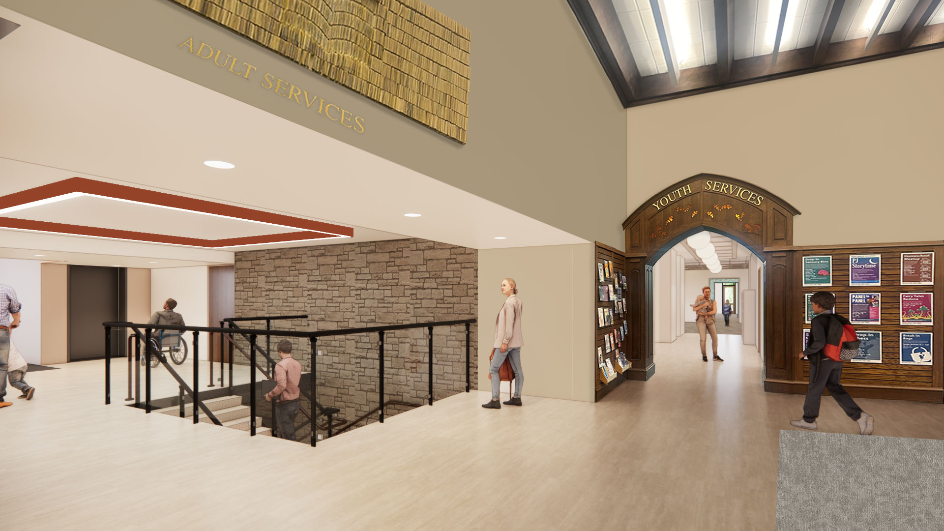 Computer generated image of the library lobby showing the proposed staircase and elevator.