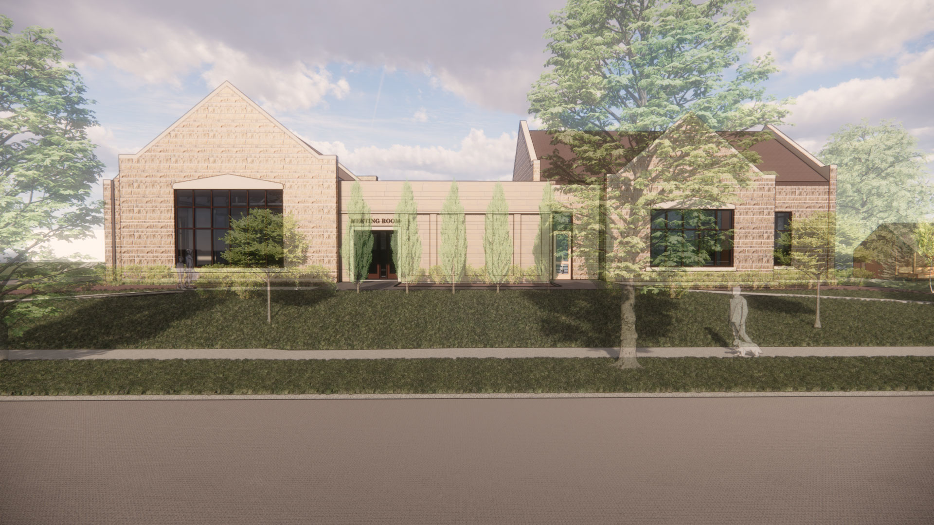 Computer generated image of the west side of the library expansion.