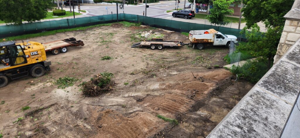 Wide angle view from the roof of the library of the excavated grounds on St Johns avenue.