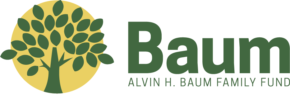 Logo of the Alvin H. Baum Family Fund, featuring a green, stylised, tree graphic in front of a yellow circle.