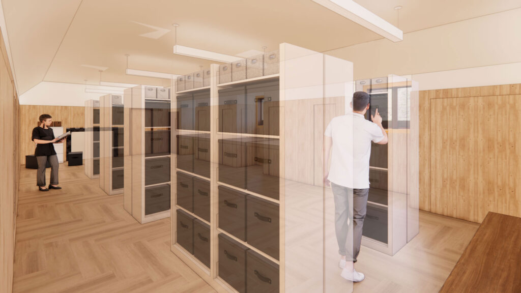 Architectural rendering of the new archives, displaying rows of archive shelves with figures browsing.