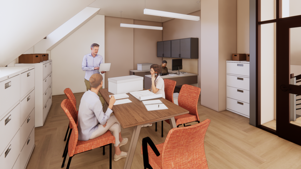 Architectural rendering showing the new archive space, office, and reading area.