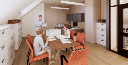 Architectural rendering showing the new archive space, office, and reading area.