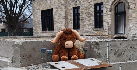 The stuffed expansion mascot Parker the Highland Cow oversees the completed footings.