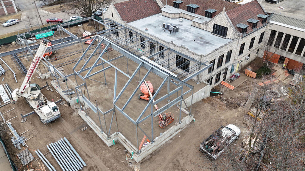 High overhead photograph of the completed footings and steel frame construction.