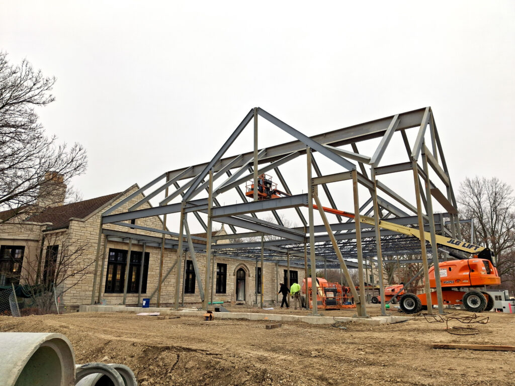 A wide-angle view of the north construction. The steel frame is nearly complete.